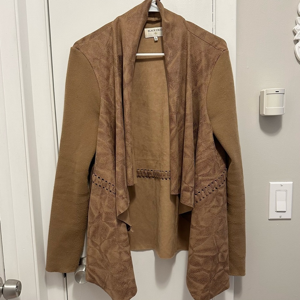 BLACK SWAN Faux Suede Waterfall Drape Open Front Jacket L Brown cardigan